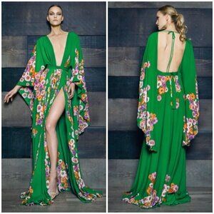 💕MICHAEL COSTELLO💕 Plunging Kimono Dress ~ Green Floral Print